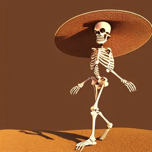 Image similar to 3 d render, skeleton, wearing a sun hat with a flower in it, walking in a desert, hd