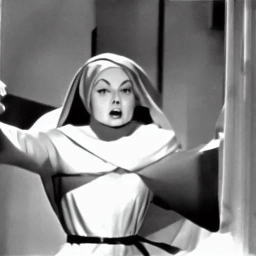 Prompt: skary nun, movie still, 1960's motion, horror, high quality