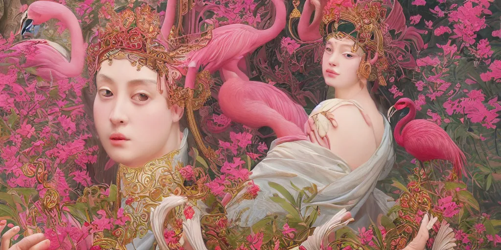 Image similar to breathtaking detailed concept art painting of the goddess of flamingo, orthodox saint, with anxious, piercing eyes, ornate background, amalgamation of leaves and flowers, by Hsiao-Ron Cheng and John James Audubon, extremely moody lighting, 8K