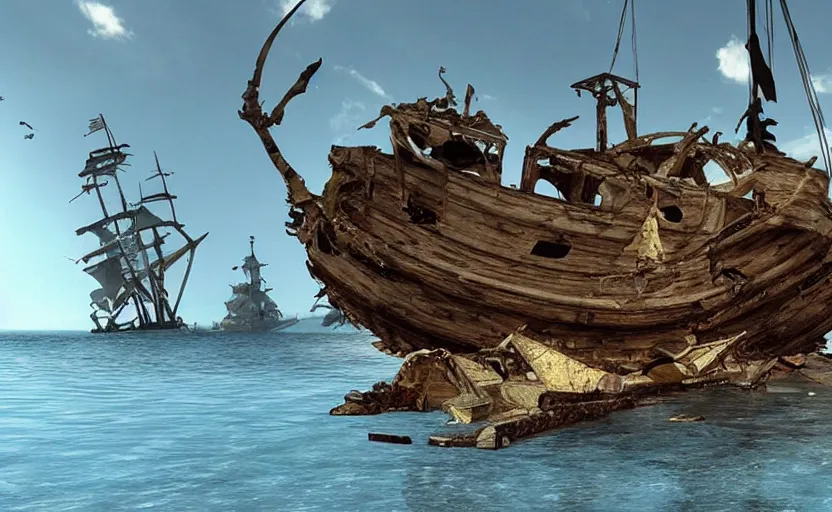 Image similar to “Pirate ship wreck falling off a Floating island from the sky, 4k, cinematic, award winning”