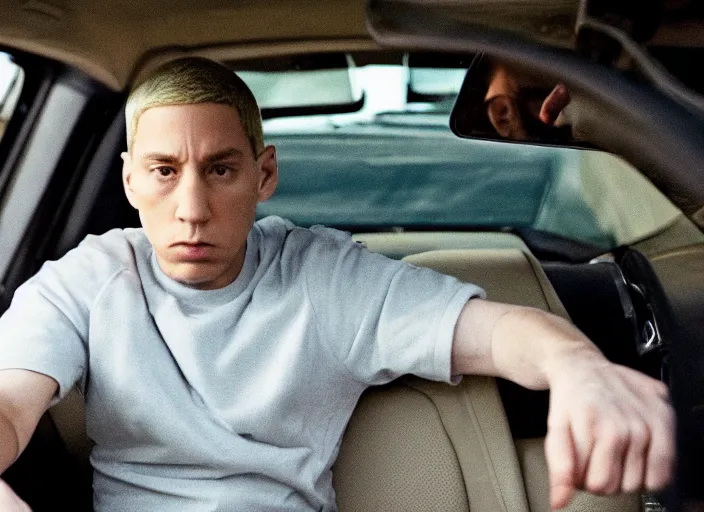 Image similar to a very high resolution image from a new movie, eminem in a car car. inside of a car. alone. mountains, directed by wes anderson