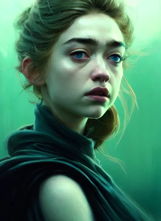 Image similar to side portrait, imogen poots, deathknight, soft, smooth, luminescent, haunting, pale green backlit glow, evil inky swirly ripples, sickly colors, anime, realistic shaded lighting poster by greg rutkowski, magali villeneuve, artgerm, jeremy lipkin, michael garmash and, rey