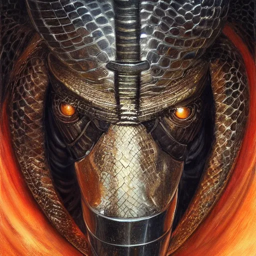 Image similar to snake animal as a realistic fantasy knight, closeup portrait art by donato giancola and greg rutkowski, digital art, trending on artstation, symmetry!!