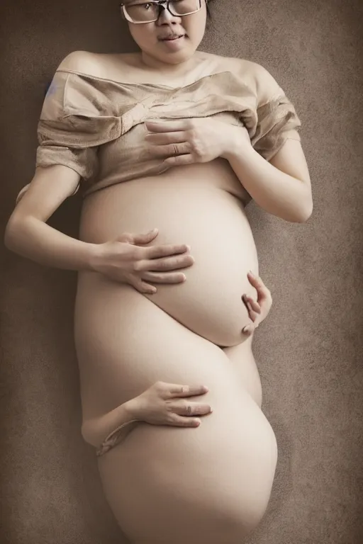Prompt: Artistic maternity photo of a heavily pregnant young Chinese man wearing glasses