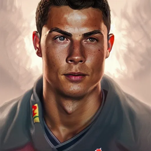 Image similar to portrait of Christiano Ronaldo as Homelander, accurate, intricate, headshot, highly detailed, digital painting, artstation, concept art, sharp focus, illustration, art by artgerm and greg rutkowski and alphonse mucha