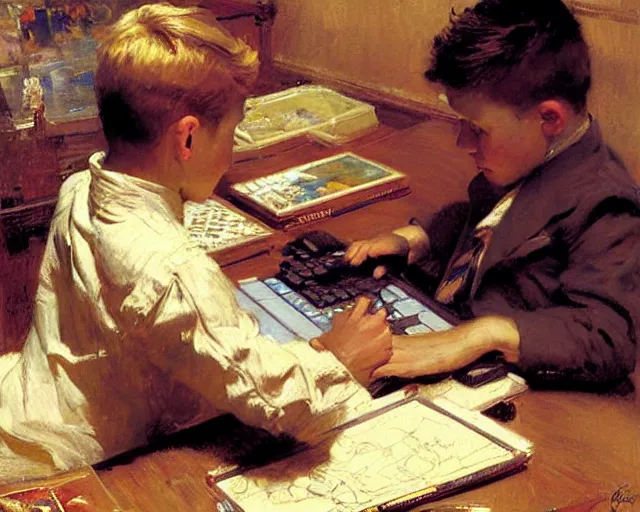 Image similar to boy playing computer games, painting by gaston bussiere, craig mullins, j. c. leyendecker