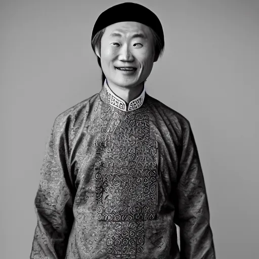 Image similar to realistic photography by araki nobuyoshi of wearing traditional ukrainian shirt designed by taras shevchenko. smiling kim chen in