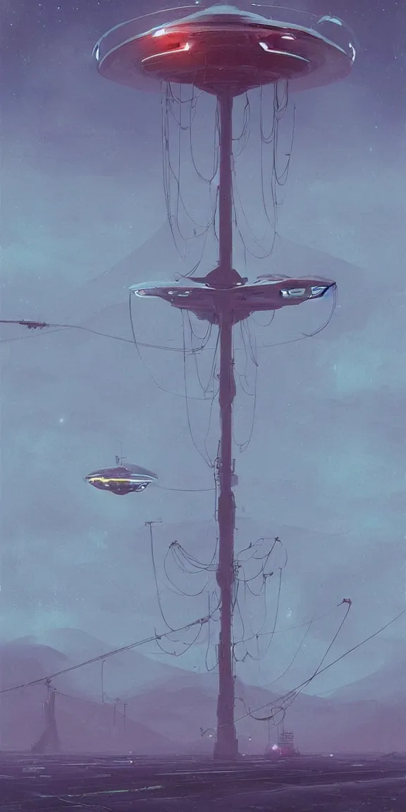 Prompt: mysterious spaceship with long tendrils, lots of hanging cables and antennas, sci - fi concept art, by john harris, by simon stalenhag, stunning, award winning