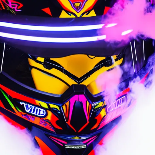 Image similar to beautifully lit extreme close up photo of a white marble statue of an anime girl with colorful motocross logos and motorcycle helmet with closed visor, colorful smoke in the background, carved marble statue, fine art, neon genesis evangelion, virgil abloh, offwhite, denoise, highly detailed, 8 k, hyperreal