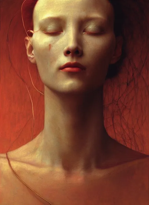 Image similar to Woman masterpiece, beautiful eyes, red, golden halo behind her head, red wires wrap around, by Edgar Maxence and Ross Tran, Zdzisław Beksiński, and Michael Whelan, distant, gustav dore, H.R. Giger, 8k, octane render