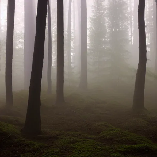 Image similar to forrest, mist, evening, dramatic shadows