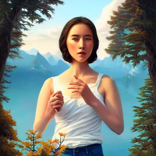 Image similar to a beautiful scenic painting of a beautiful young woman that looks like a grizzly bear by artgerm and wlop and wes anderson and spike jonze