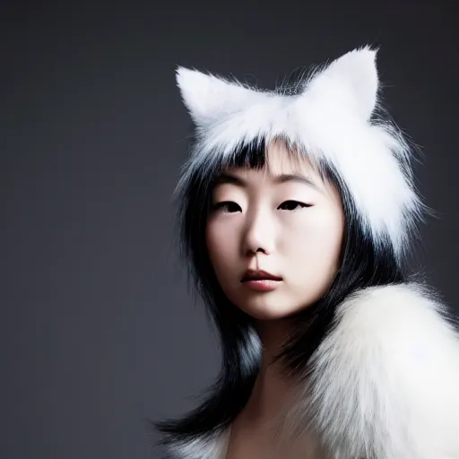 Image similar to full body aesthetic photograph of a beautiful young Japanese woman with furry white cat ears, by Nick Knight, headshot, realistic, photorealistic, HD, 4k resolution