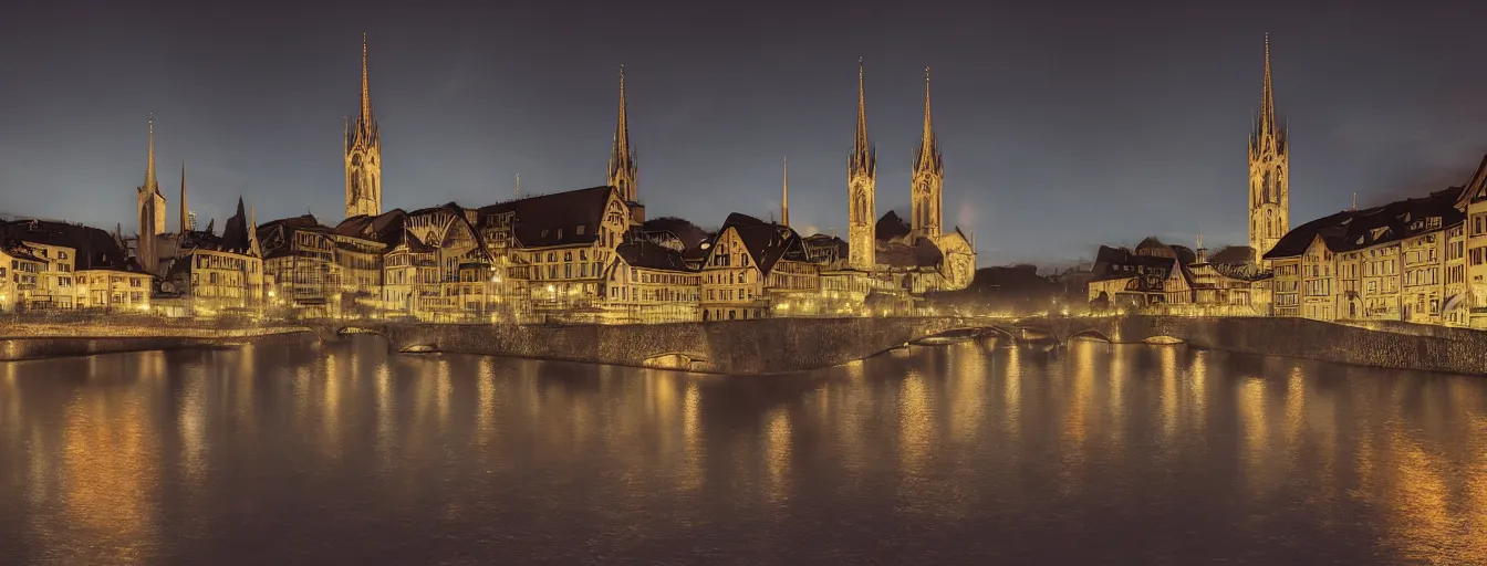 Image similar to Digital painting of Neo-Gothic Zurich, Limmat and the lake at night, wide angle, volumetric light, hyperdetailed, Alsp in the background, artstation, cgsociety, 8k