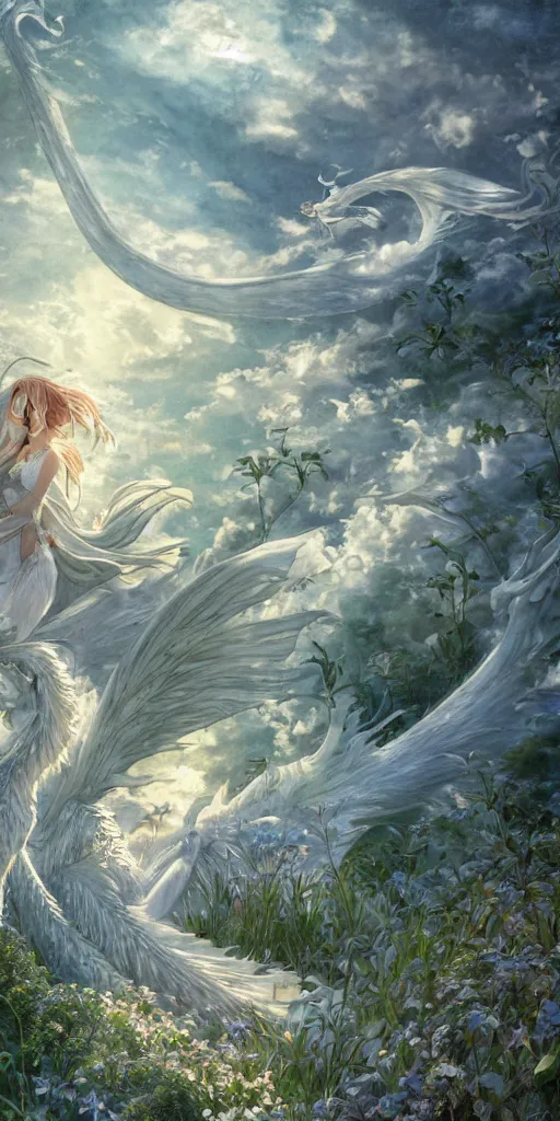 Prompt: the beautiful hyper detailed scene render that a lonely beautiful girl lies in the arms of a huge silver white dragon alone in fairyland surrounded by white clouds, finely detailed angelic face delicate features, style of studio ghibli, makoto shinkai, raphael lacoste, louis comfort tiffany, artgerm, james jean, ross tran, animation style, hd, ultra wide angle