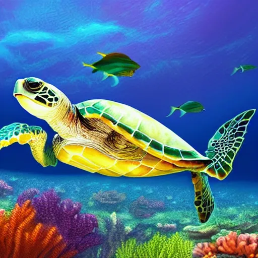 Image similar to a beautiful matte digital painting of a light-green sea turtle swimming over an red-orange coral reef through blue-violet waters, triadic color palette, painted in the style of National Geographic, trending on artstation hq