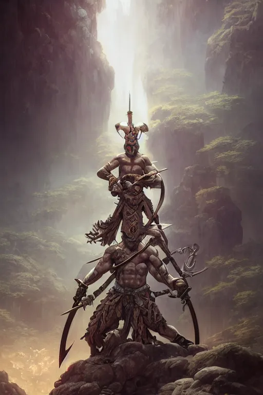 Image similar to a photographic portrait of The Ultimate Warrior, carrying swords on his back, standing under a beam of light, a dark cave, intricate, elegant, highly detailed, ornate, beautifully lit, ray traced, octane render, in the style of Peter Mohrbacher and Peter Gric