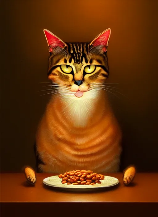Image similar to portrait of a confused cat eating baked beans, intricate, elegant, glowing lights, highly detailed, digital painting, artstation, concept art, smooth, sharp focus, illustration, art by wlop, mars ravelo and greg rutkowski
