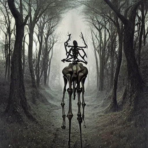 Prompt: a skeletal centaur in a magical forest, Zdzisław Beksiński style. Very detailed 8k