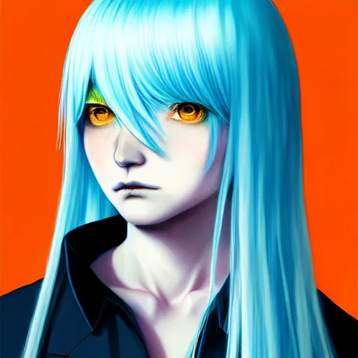 Image similar to full face shot of rimuru tempest, sky blue straight hair, long bangs, with amber eyes, wearing a black jacket, high collar, ultra detailed, concept art, award winning photography, digital painting, cinematic, wlop artstation, closeup, pixiv, evil, yoshitaka amano, andy warhol, ilya kuvshinov,