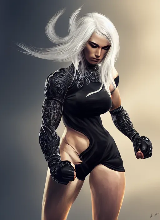 Image similar to a highly detailed illustration of fierce beautiful platinum blonde woman wearing black mma gear, heroic fighting stance pose, muscular, perfect face, perfect body, intricate, elegant, highly detailed, centered, digital painting, artstation, concept art, smooth, sharp focus, league of legends concept art, wlop