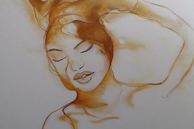 Image similar to beautiful serene swimming person, healing through motion, life, minimalistic golden and ink airbrush painting on white background