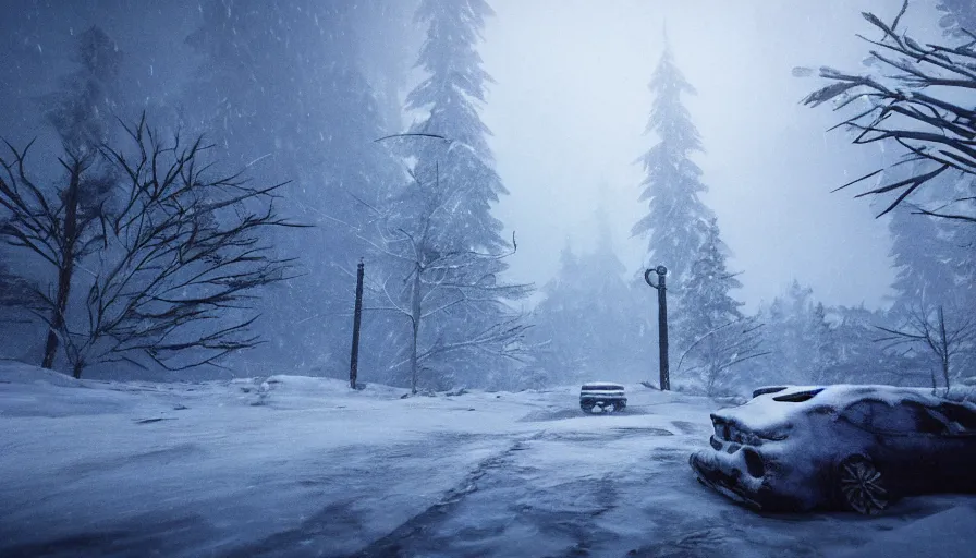 Prompt: Unreal Engine Survival Game in a blizzard, Heavy Thick snow, Fog and Mist, Beautiful dark Landscape, Distant Lights, Hyperrealistic, Hyperdetailed, Concept Art