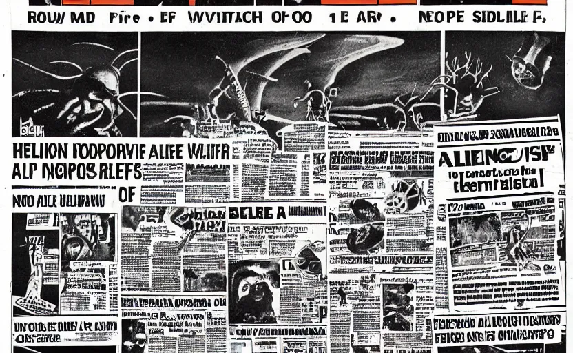 Image similar to 1 9 7 0 s newspaper front page, alien invasion