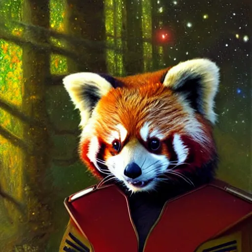 Image similar to a portrait of a female red panda in starfleet uniform at night in a dark forest. zootopia fursona furaffinity furry art detailed face painting by gaston bussiere craig mullins jc leyendecker gustav klimt artgerm greg rutkowski furry