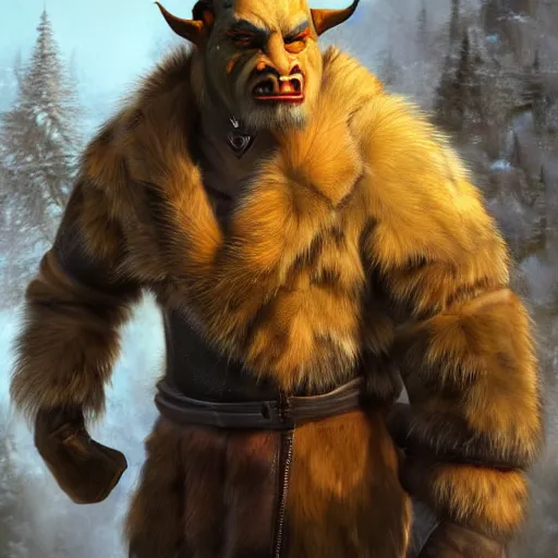 Prompt: A full body shot of a handsome orc looking into the camera wearing a fur jacket and boots, full body shot, artstation, realistic, highly detailed, symmetrical, hyper realism, high detail, octane render, unreal engine, 8k, fantasy art, intricate, highly detailed, concept art, art by artgerm