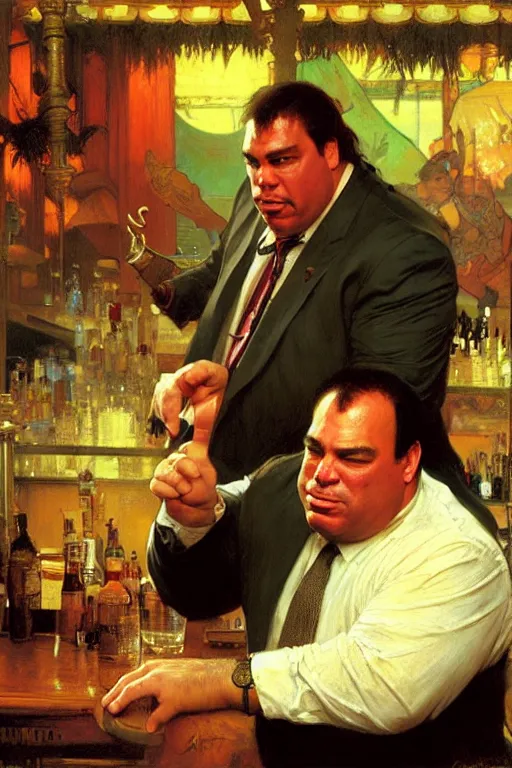 Prompt: oafish, fat, stupid jon taffer, at a bar, drooling, cross - eyed, painting by gaston bussiere, craig mullins, greg rutkowski, alphonse mucha