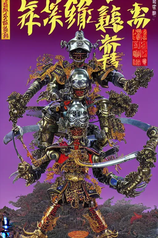 Image similar to magazine cover of crazy roborts skeletor warrior with the tang dynasty of china armor and helmet, by yoichi hatakenaka, masamune shirow, josan gonzales and dan mumford, ayami kojima, takato yamamoto, barclay shaw, karol bak, yukito kishiro