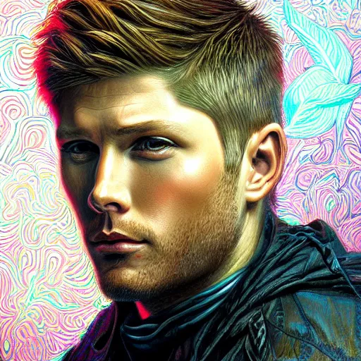 Image similar to portrait of jensen ackles, hyper detailed masterpiece, neon floral pattern, jean giraud, digital art painting, darkwave goth aesthetic, psychedelic, artgerm, donato giancola and tom bagshaw