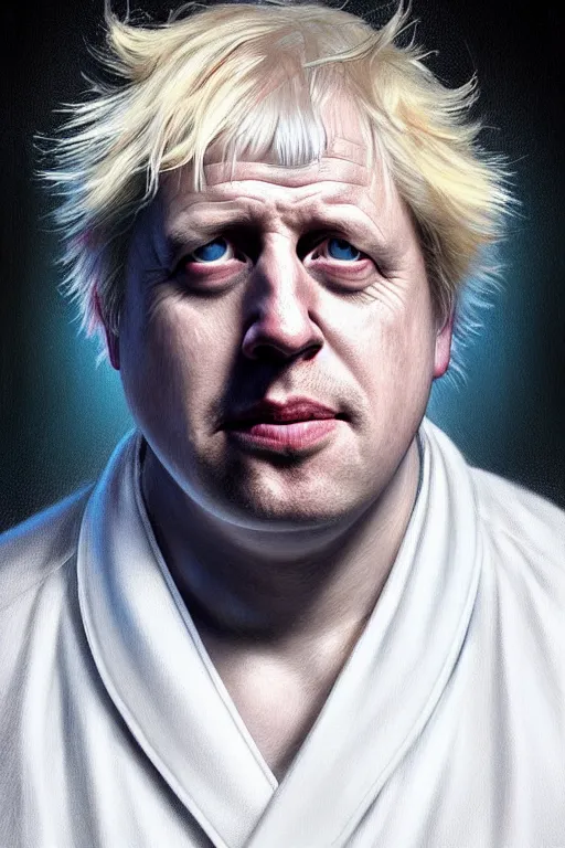 Image similar to Boris Johnson as Rick Sanchez, one eyebrow, white robe, big eyes, 2d portrait, symmetrical, highly detailed, digital painting, artstation, concept art, smooth, sharp focus, illustration, cinematic lighting, art by artgerm and greg rutkowski and alphonse mucha