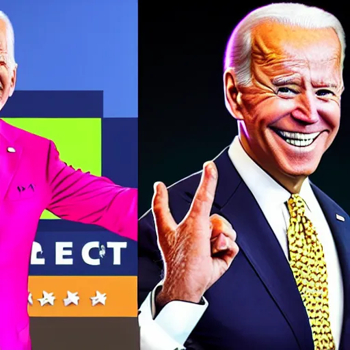 Image similar to joe biden wearing bright clashing extravagant clothes, big teeth smile, walking cane, midpart hair, blender render