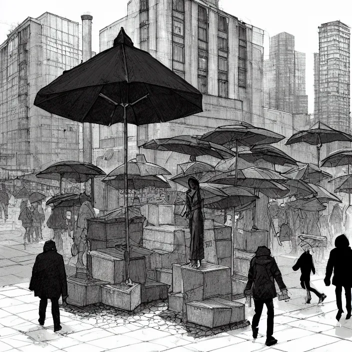 Prompt: market stall with umbrellas for sale, in a square, pedestrians walk past. background of old soviet monument. storyboard, scifi cyberpunk. by gabriel hardman, joe alves, chris bonura. cinematic atmosphere, detailed and intricate, perfect anatomy