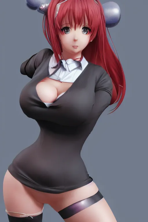 Image similar to photorealistic 3 d render of of an impossibly curvy anime girl wearing a schoolgirl outfit, by artgerm and earl norem, featured on pixiv, booru, exaggerated proportions, high resolution digital art, 4 k, beautiful symmetric face, subsurface scattering, volumetric lighting, realistic skin texture