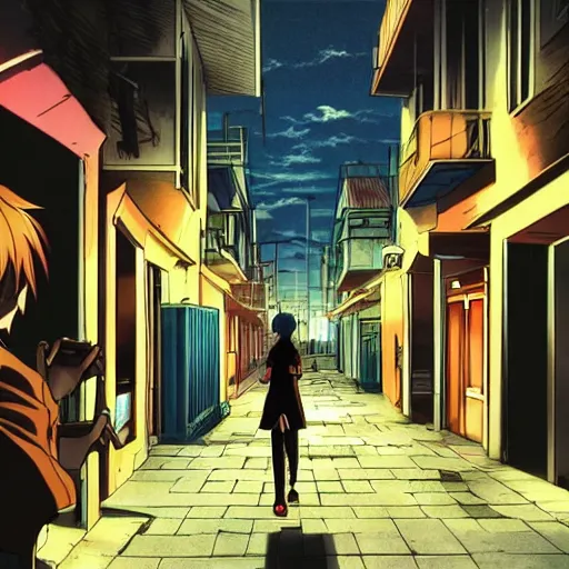 Image similar to key anime visual of a costal florida town at midnight, city streets vacant, very dark outside, black sky, modern anime style, official anime still