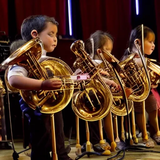 Prompt: tiny musicians playing the biggest musical instrument in the world