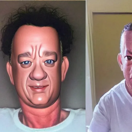 Prompt: my auntie that looks like a poor version of tom hanks in the most scary image on the internet, disturbing, realistic, so scary, very real, very disturbing