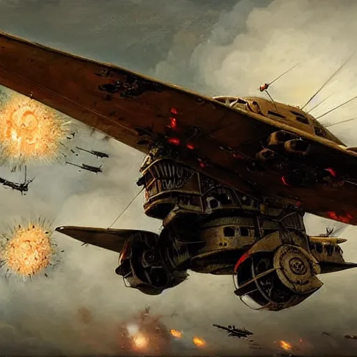 Image similar to huge steampunk aircraft in battle, sky, explosions, jakub rozalski