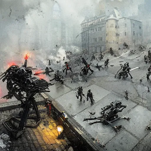 Prompt: spider robots terrorise streets of weimar germany and attack freikorps soldier, heavy street battle, pile of bodies, art by greg rutkowski and jakub rozalski