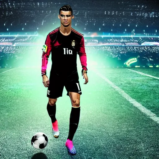 Prompt: cristiano ronaldo with futurist soccer outfit in a stadium with neon, night, cyberpunk, realistic, beautiful, fantasy