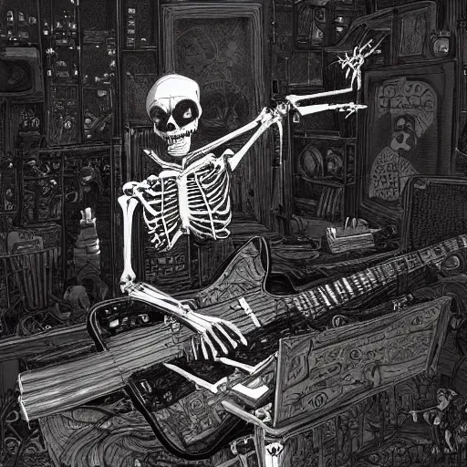 Image similar to skeleton wearing headphones, watching girl playing guitar while her black cat standing next to her, detailed intricate ink illustration, dark atmosphere, detailed illustration, hd, 4k, digital art, overdetailed art, by greg rutkowski, by loish, complementing colors, Trending on artstation