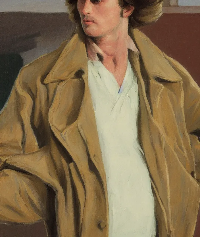 Image similar to a very detailed portrait of a man wearing an 8 0 s jacket with big shoulder pads, very aesthetic leather jacket, detailed closeup of leather jacket, front view, in the style of edward hopper and oswald hornby joseph birley and susan ryder, very small brushstrokes, 4 k,