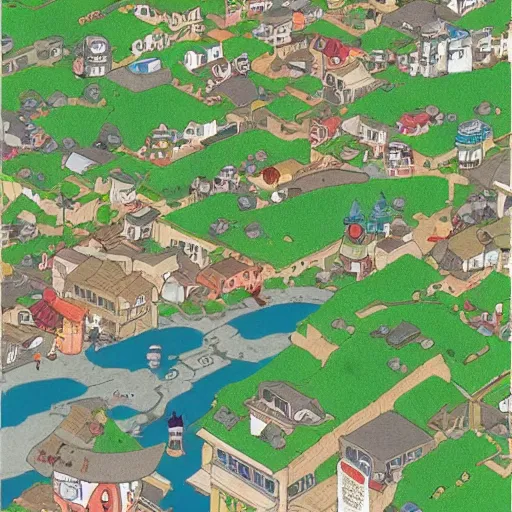 Image similar to a town designed by hayao miyazaki, studio ghibli