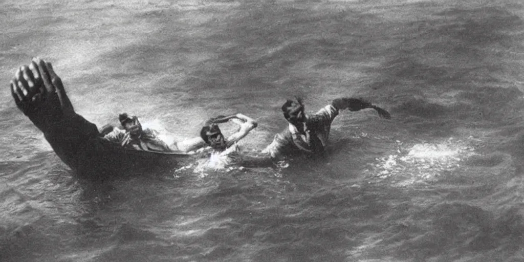 Image similar to a boat being grabbed by a giant underwater hand, 1 9 0 0 s photograph