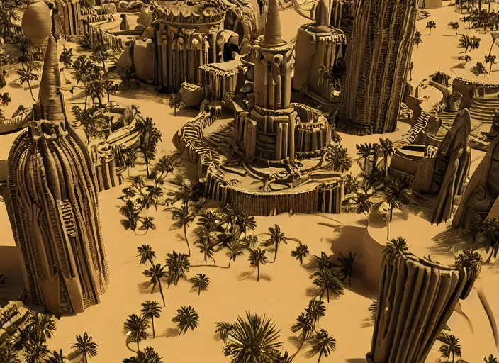 Image similar to cover concept art of the lost sand city, levitating sand, golden towers, golden pillars, palm trees, space and time, floating objects, post-processing, in the style of Hugh Ferriss, Behance, Artgerm. High detail, ultra realistic render, octane, 3D, photorealism, symmetric, cinematic from the academyumbrella