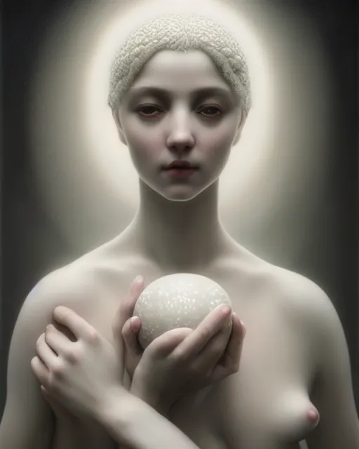 Prompt: dreamy, monochrome, subsurface scattering, white, young beautiful goddess in cosmos, octane render, dino valls, mark ryden, joe fenton, highly detailed, rim light, art, cinematic lighting, very coherent, hyper realism, 8 k