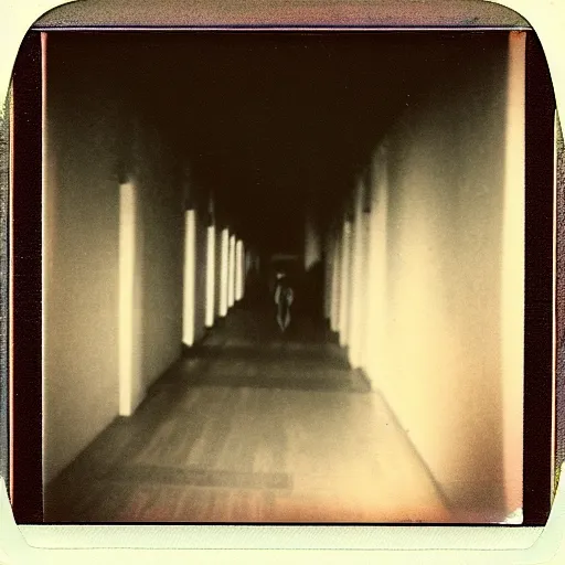 Image similar to A creepy polaroid photo of Jesus chasing you down a hallway